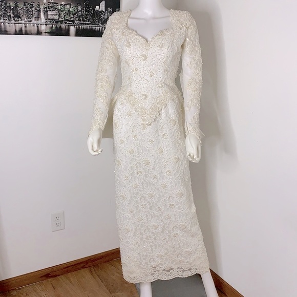 Mori Lee Vintage 80s 90s Beaded Sequins White and Ivory Wedding Dress Size 8 - Picture 2 of 16
